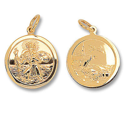 Double sided St Christopher gold pendant by J R Jewellery showing saint carrying child and engraved travel motifs