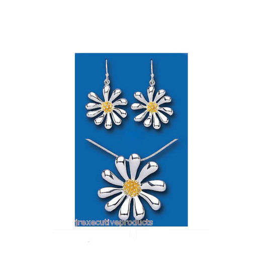Sterling Silver Flower Set Pendant and Drop Earrings Statement Gold detail