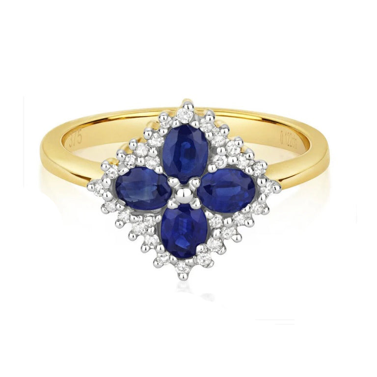 Real Sapphire and Diamond Ring 9ct Yellow Gold Four Oval Cluster Size JKLMNOPQ