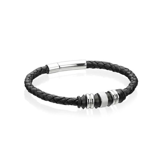 Fred Bennett black leather bracelet with braided design and silver metal accents for men