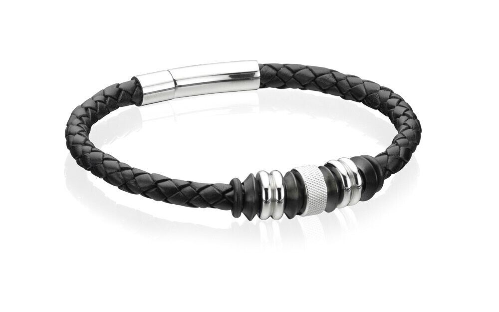 Fred Bennett black leather bracelet with silver metal accents and magnetic clasp for men