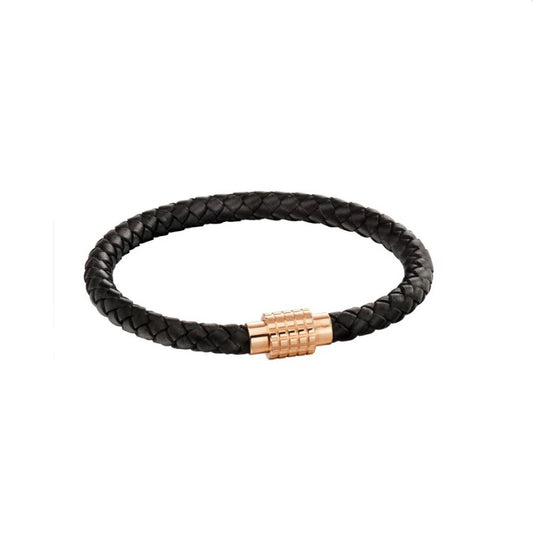 Fred Bennett black leather bracelet with braided design and rose gold clasp for stylish wear