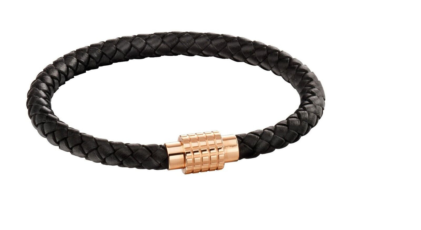 Fred Bennett black leather bracelet with braided design and rose gold magnetic clasp
