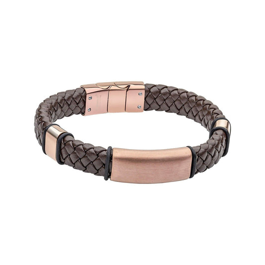 Fred Bennett brown leather bracelet with woven design and rose gold metal accents for stylish wear