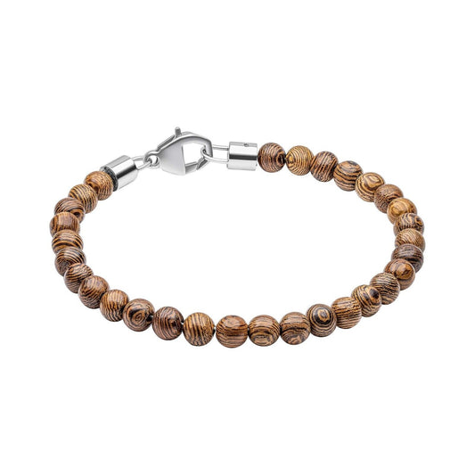 Fred Bennett men's brown wooden bead bracelet with silver clasp and natural wood texture beads