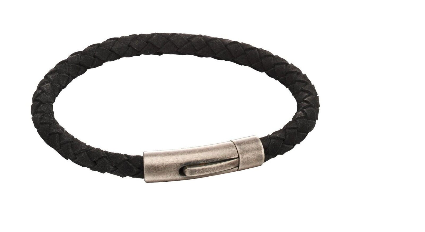 Fred Bennett men's woven leather bracelet UK in black with silver clasp for stylish accessories