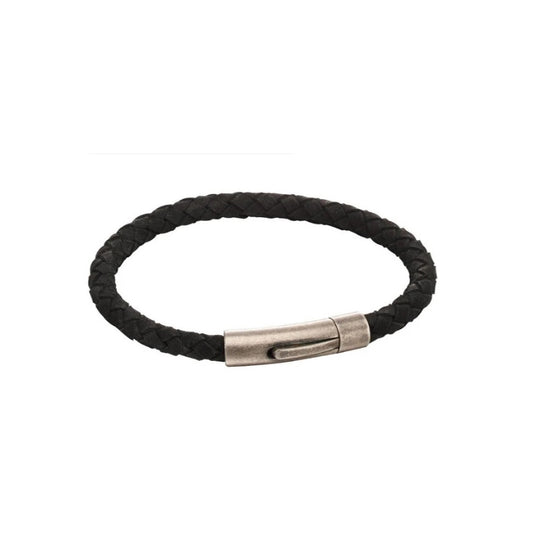 Fred Bennett men's woven leather bracelet UK in black with silver clasp for stylish everyday wear