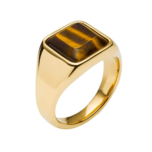 Fred Bennett tiger's eye signet ring in gold with polished finish and rectangular tiger's eye gemstone