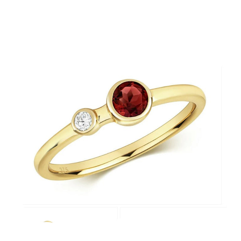 Real Garnet and Diamond Ring 9ct Yellow Gold Solitaire Smooth Set Band Size J-Q