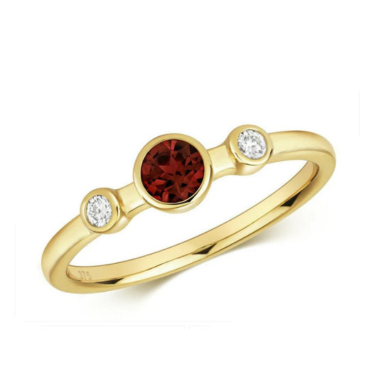 Real Garnet and Diamond Ring Solid Yellow Gold Elegant Three Stone Ring Size J-Q