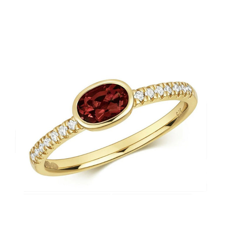 Real Garnet and Diamond Ring Solid Yellow Gold Oval Solitaire Size J - Q