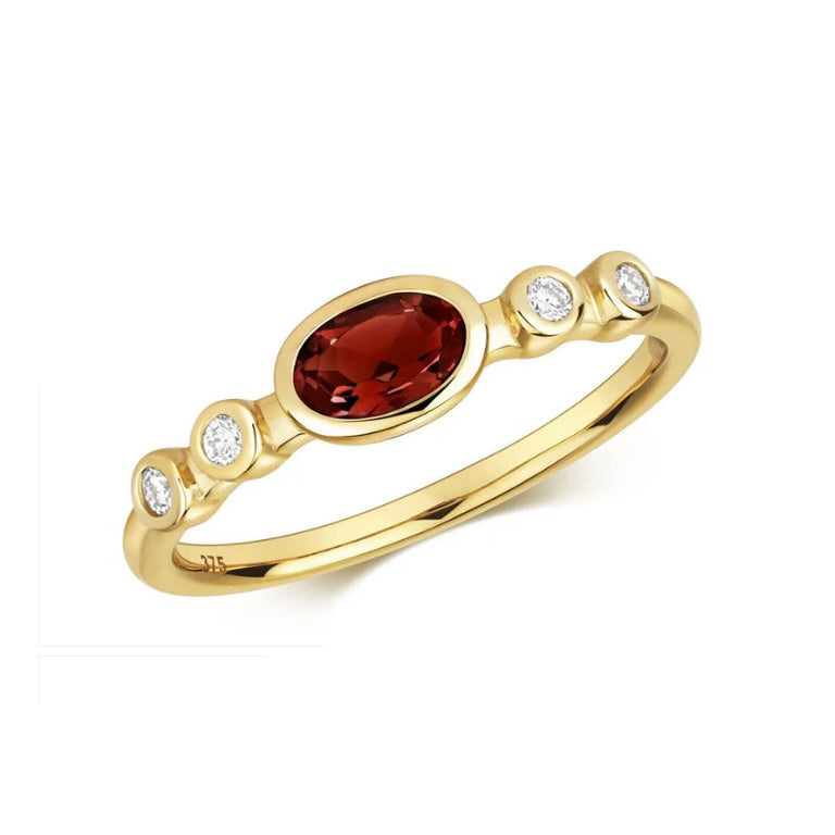 Real Garnet Oval Solitaire and Diamond Ring Solid Yellow Gold Size J - Q