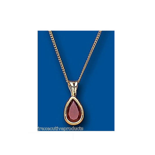 Natural Garnet Pear Pendant Yellow Gold Hallmarked 18" Chain Christmas Birthday