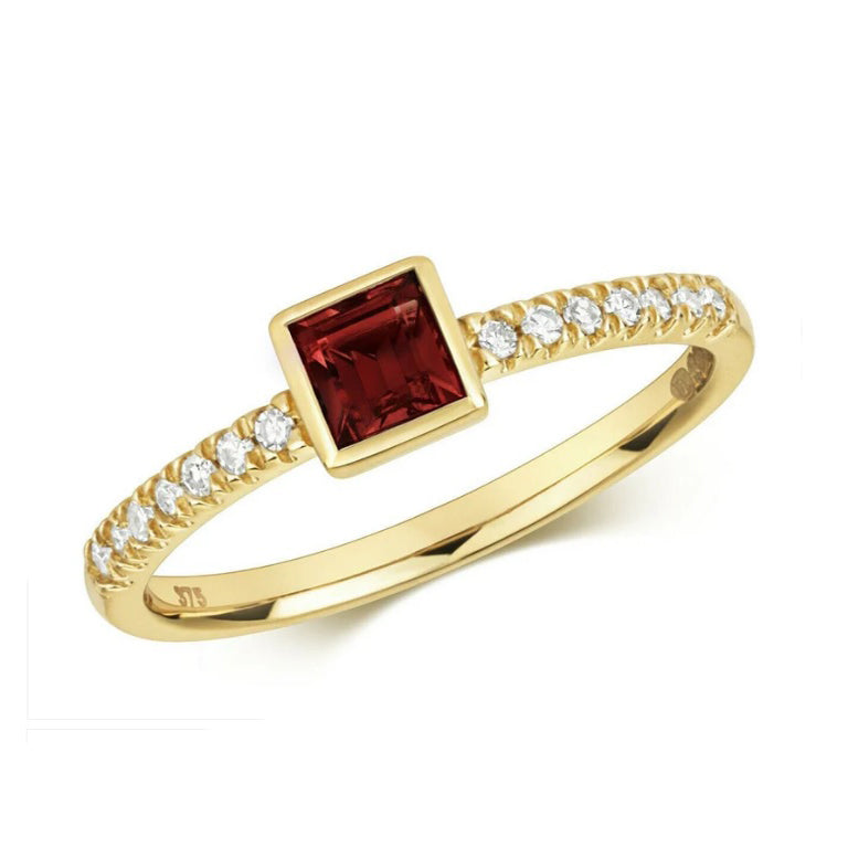 Real Garnet and Diamond Ring Solid Yellow Gold Square Solitaire Size J-Q