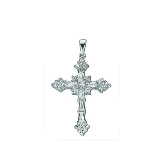 Sterling Silver Fancy Baguette Cut Cross Pendant 925 Hallmark 43 x 24mm