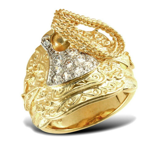Gents heavy saddle ring 9ct gold with intricate detailing and embedded stones by J R Jewellery