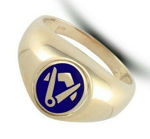 Gold ring from J R Jewellery featuring enamelled swivel centre masonic signet in blue and gold design