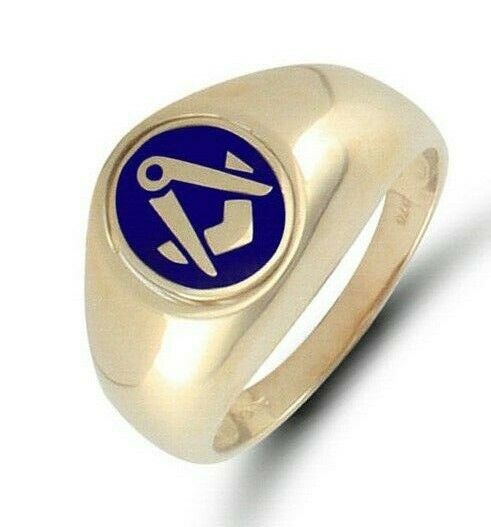 Gold ring with blue enamelled swivel centre masonic signet featuring Masonic square and compass symbol