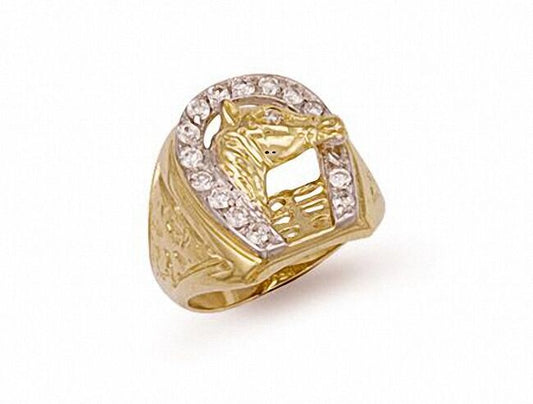 J R Jewellery gentlemen's horseshoe signet ring in gold with horse head and diamond detailing