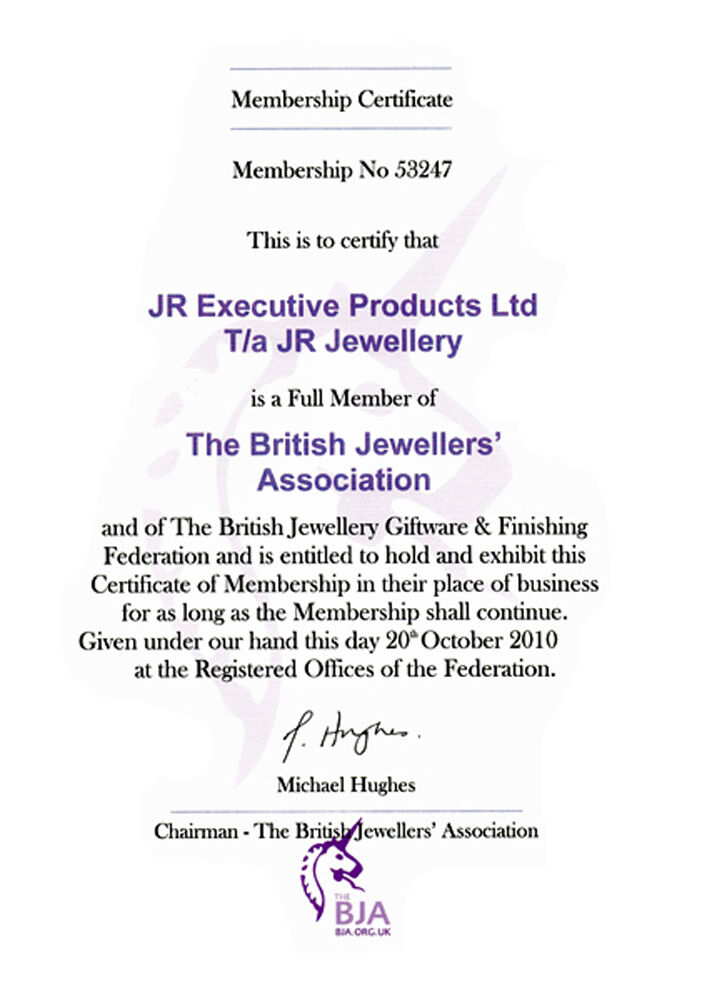 Membership certificate for J R Jewellery confirming membership in the British Jewellers Association