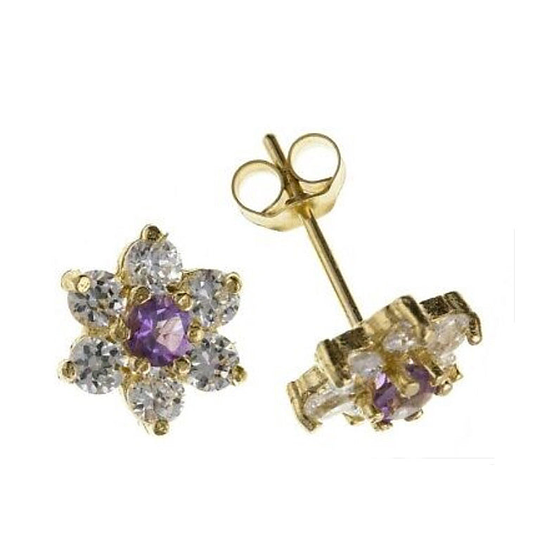 9ct Gold Amethyst Cluster Stud Earrings Yellow Gold February Birthstone Hallmark