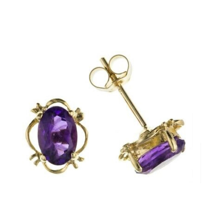 9ct Gold Amethyst Stud Earrings Yellow Gold Oval Studs February Birthstone