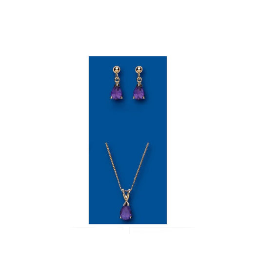 Gold Amethyst Pendant & Earrings Set Pear Drop Solid Yellow Gold Hallmarked