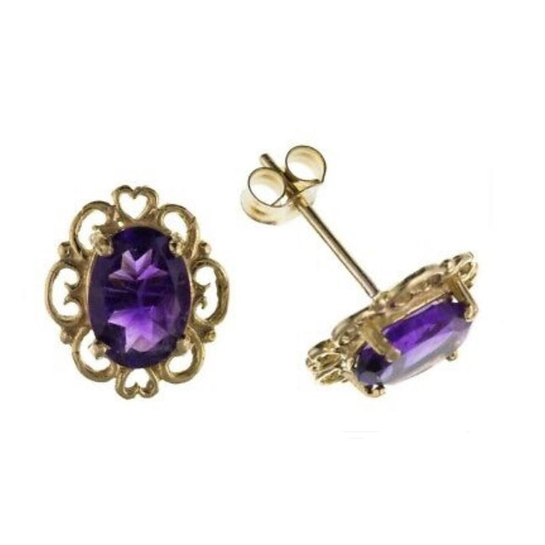 9ct Gold Amethyst Earrings Heart Edge Solitaire February Birthstone Hallmark