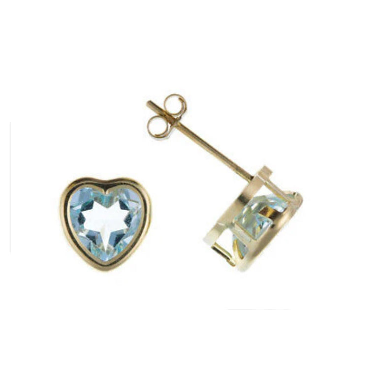 9ct Gold Blue Topaz Heart Earrings Solitaire Yellow Gold November Birthstone