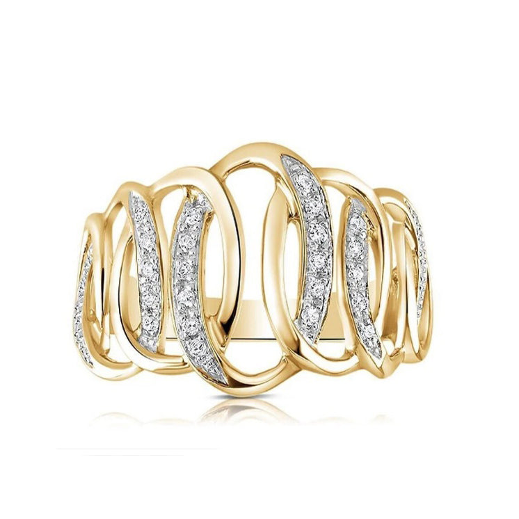 9ct Two Colour Gold Real Diamond Ring Wide Cocktail Dress Engagement Statement