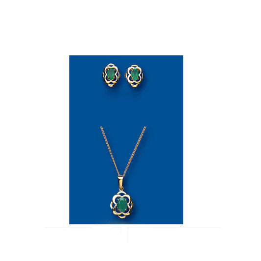 Gold Emerald Pendant and Earrings Set Yellow Gold Solid Hallmarked