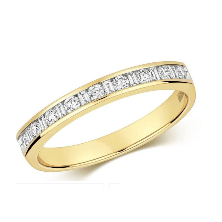Real Diamond Eternity Ring 9ct Yellow Gold Round Brilliant and Baguette Band