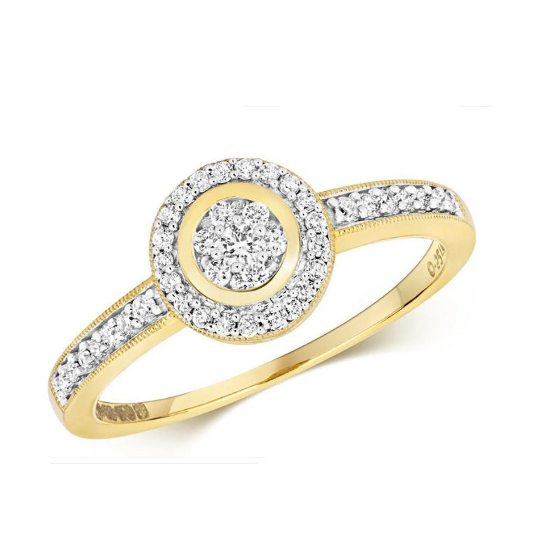 Real Diamond Ring Round 9ct Yellow Gold Halo Cluster 0.25ctw Engagement