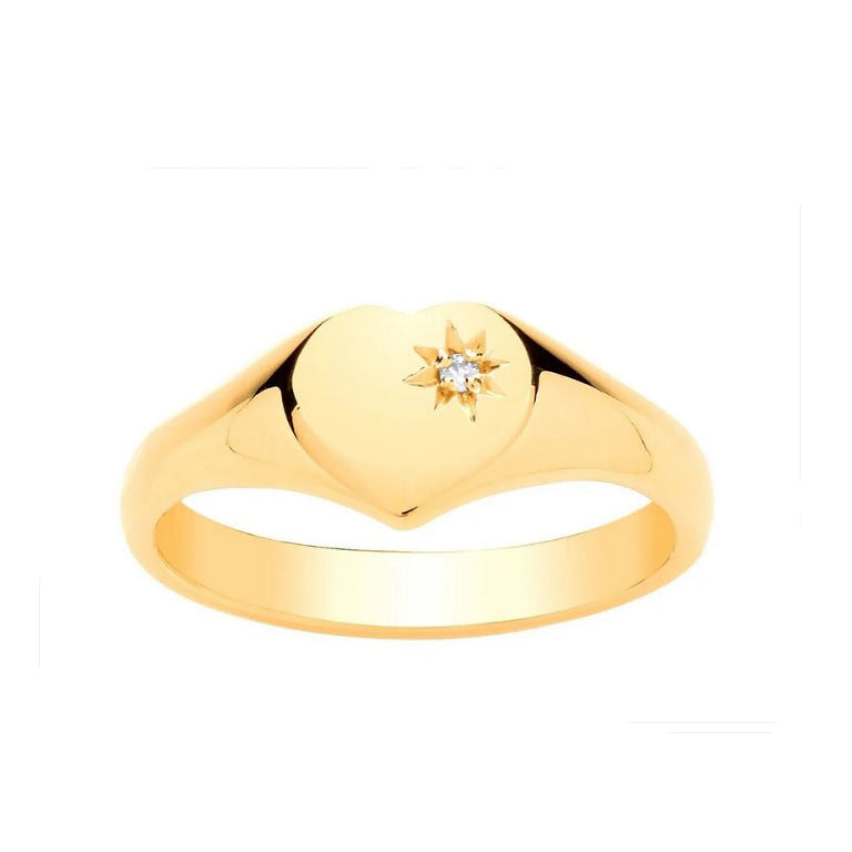 Diamond Heart Signet Ring Heavyweight Yellow Gold Ladies Hallmarked size L - Q