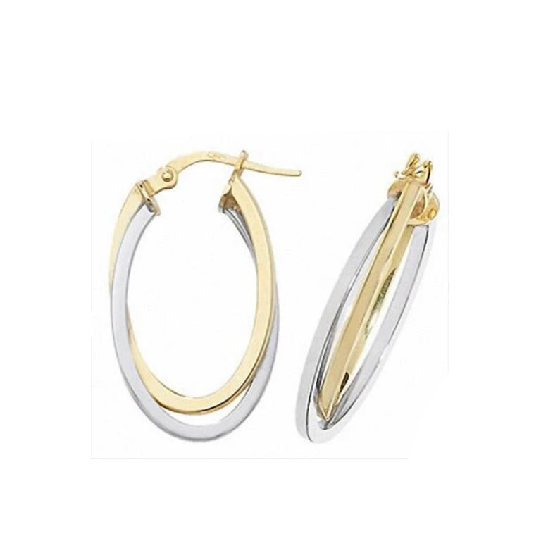 Gold Hoop Creole Earrings Hallmark Yellow & White Gold Oval Hoop Earrings 24mm