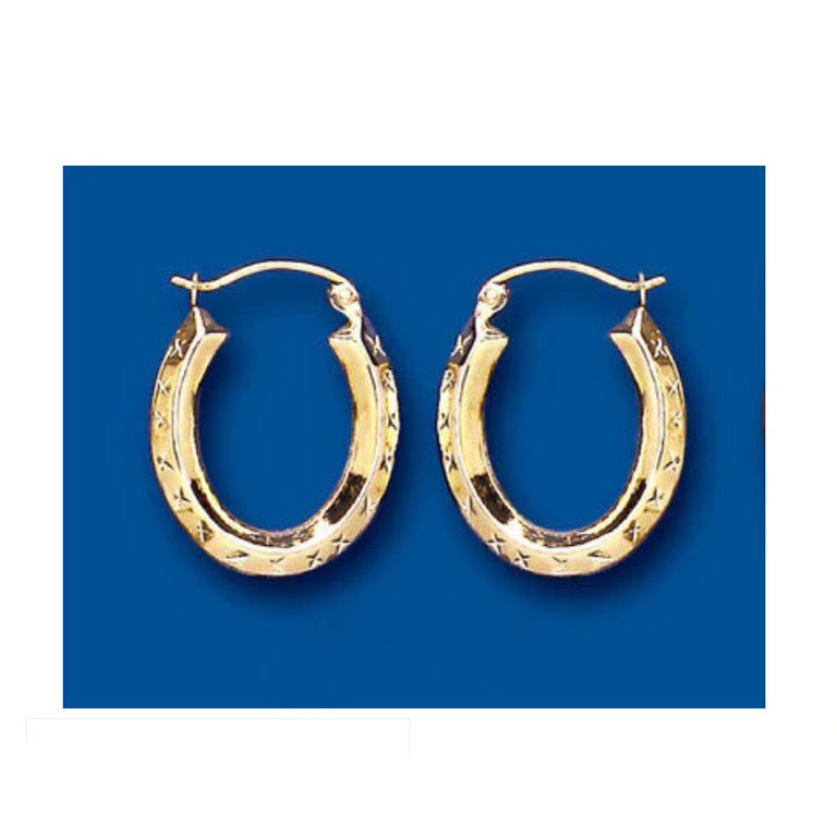 Gold Hoop Earrings Yellow Gold Oval Diamond Cut Creole Earrings Hallmarked