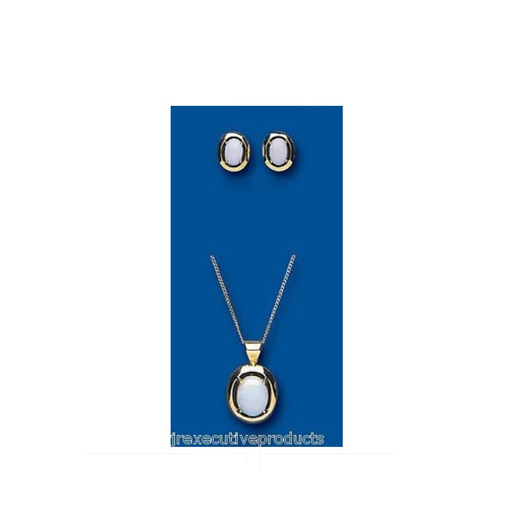 Gold Opal Pendant & Earring Set Solid Hallmarked Yellow Gold Stud Earrings