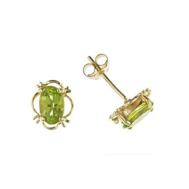 9ct Gold Peridot Oval Stud Earrings Yellow Gold Solitaire August Birthstone