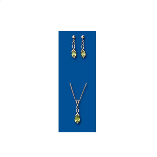 Gold Peridot Pendant and Earrings Set Hallmarked Solid Yellow Gold