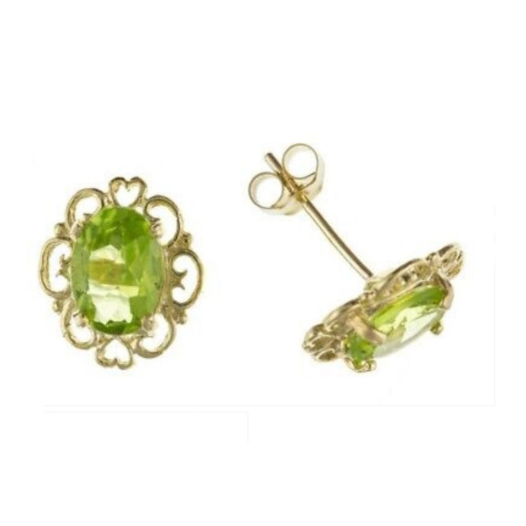 9ct Gold Peridot Earrings Yellow Gold Filigree Stud August Birthstone Hallmark
