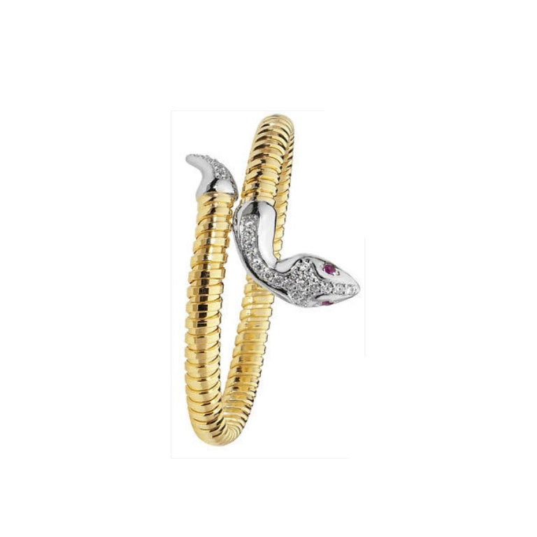 Yellow Gold Snake Bangle on Solid Sterling Silver Hallmarked Wrap Cuff