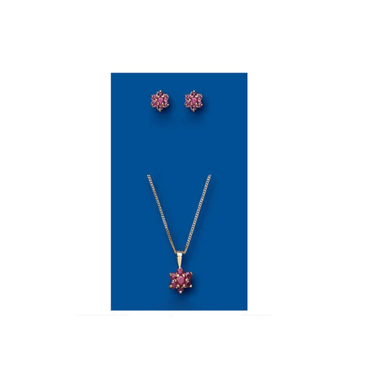 Gold Ruby Pendant and Earrings Set Cluster Solid Yellow Gold Hallmarked