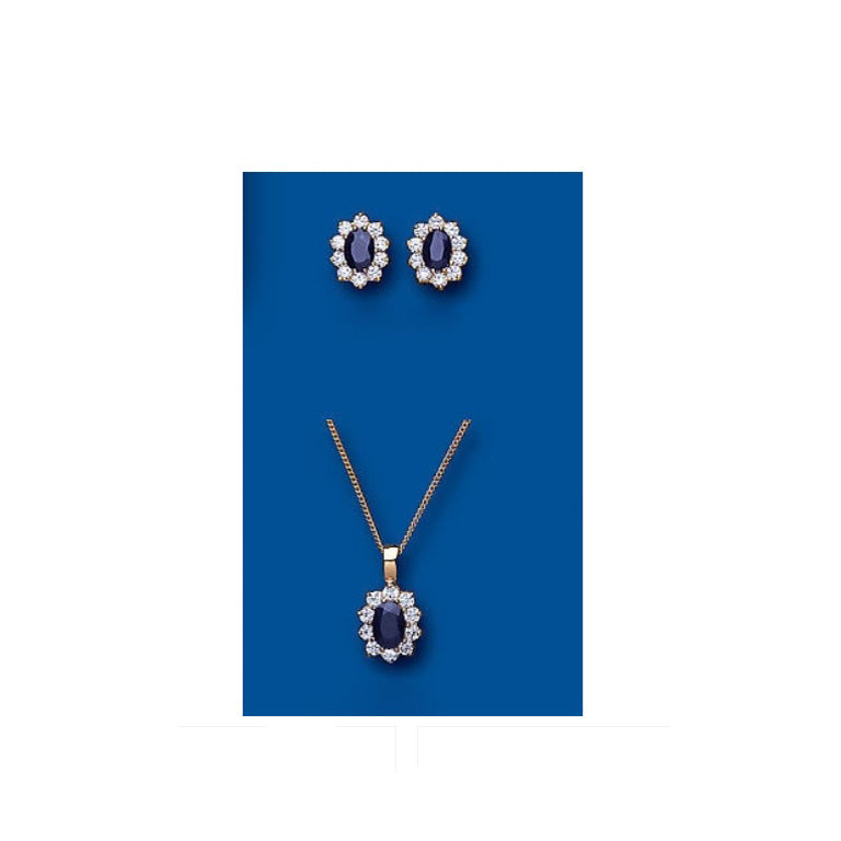 Gold Sapphire Pendant & Earrings Set Solid Yellow Gold Cluster Hallmarked
