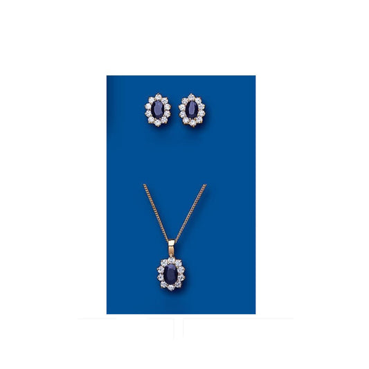 Gold Sapphire Pendant & Earrings Set Solid Yellow Gold Cluster Hallmarked