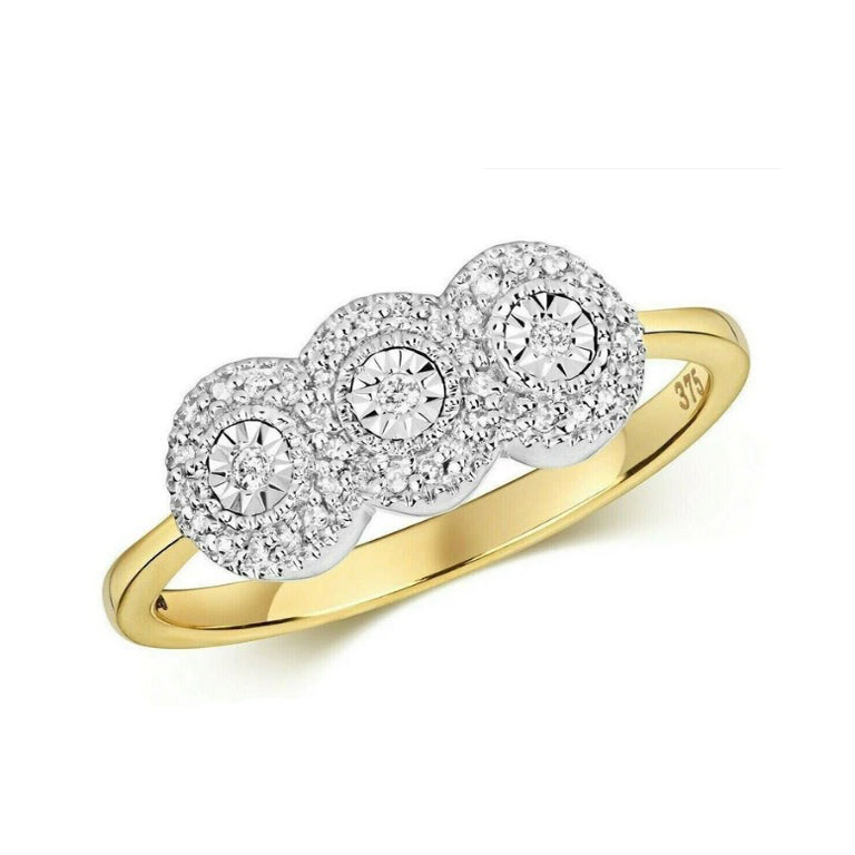 Real Diamond Ring Solid Yellow Gold Three Stone Trilogy Cluster Engagement