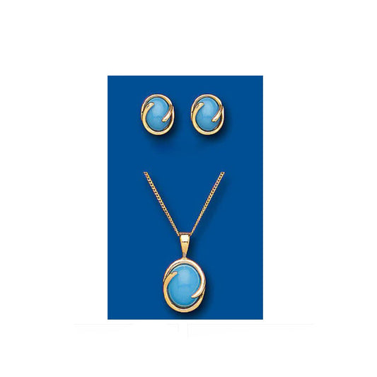 Gold Turquoise Pendant and Earrings Set Solid Yellow Gold Hallmarked