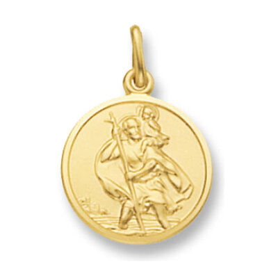 J R Jewellery yellow gold St Christopher pendant round medallion showing saint carrying child with small loop