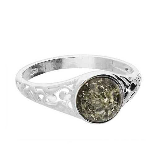 Green Amber Ring With Swirl Cut Out Shoulders Solid Sterling Silver 925