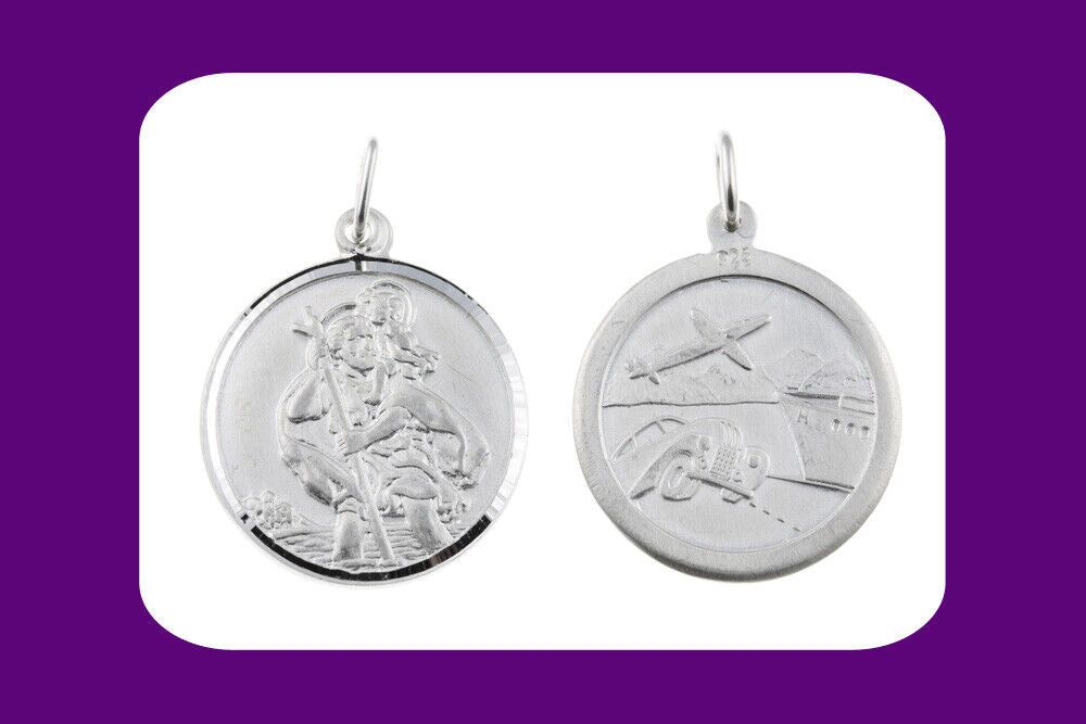 J R Jewellery sterling silver Saint Christopher pendant double sided medal showing Saint Christopher and travel scene