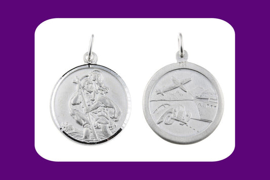 Saint Christopher pendant sterling silver double sided round medal showing saint on front and travel scene on back